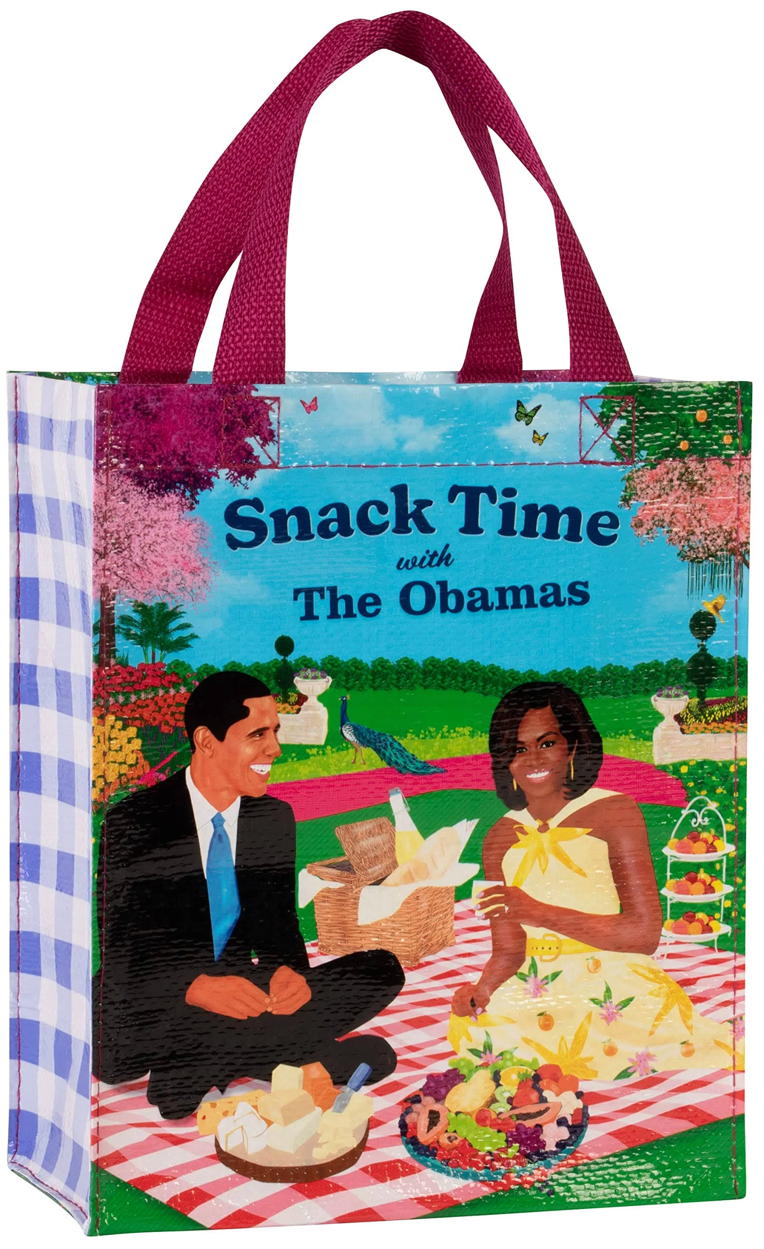 Blue Q Handy Tote - Snack Time With the Obamas. Reusable lunch bag, little tote, gift bag, sturdy and easy to rinse clean, made from 95% recycled material, 10" h x 8.5" w x 4.5" d