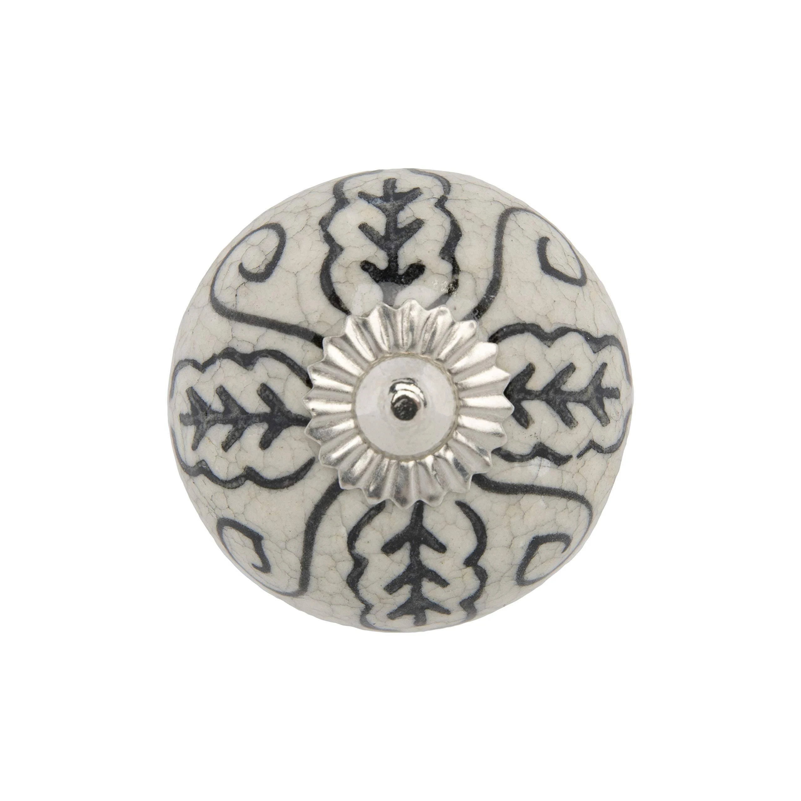 Mela Artisans 12-Pack Ceramic Kitchen Cabinet Knobs - Grey & White Leaf | Decorative Pull Handles for Dresser Drawers | Reversible Metal Backplate | 1.77” Diameter