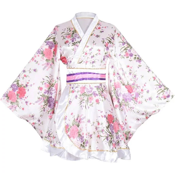 Wraith of East Kimono Costume Adult Japanese Geisha Yukata Floral Patten Gown Blossom Bathrobe Sleepwear With Obi Belt