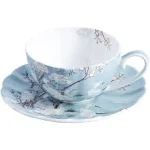 ufengke FKT0283 8oz Blue Fine Bone China Coffee Cup with Saucer,Colored Flowers,White Crane Porcelain Tea Cup and Saucer