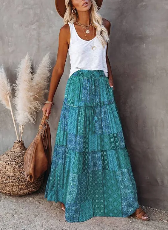 Happy Sailed Womens Floral Print Boho Maxi Skirt Elastic High Waist Pleated Ruffle Flowy Long Skirts S-XL