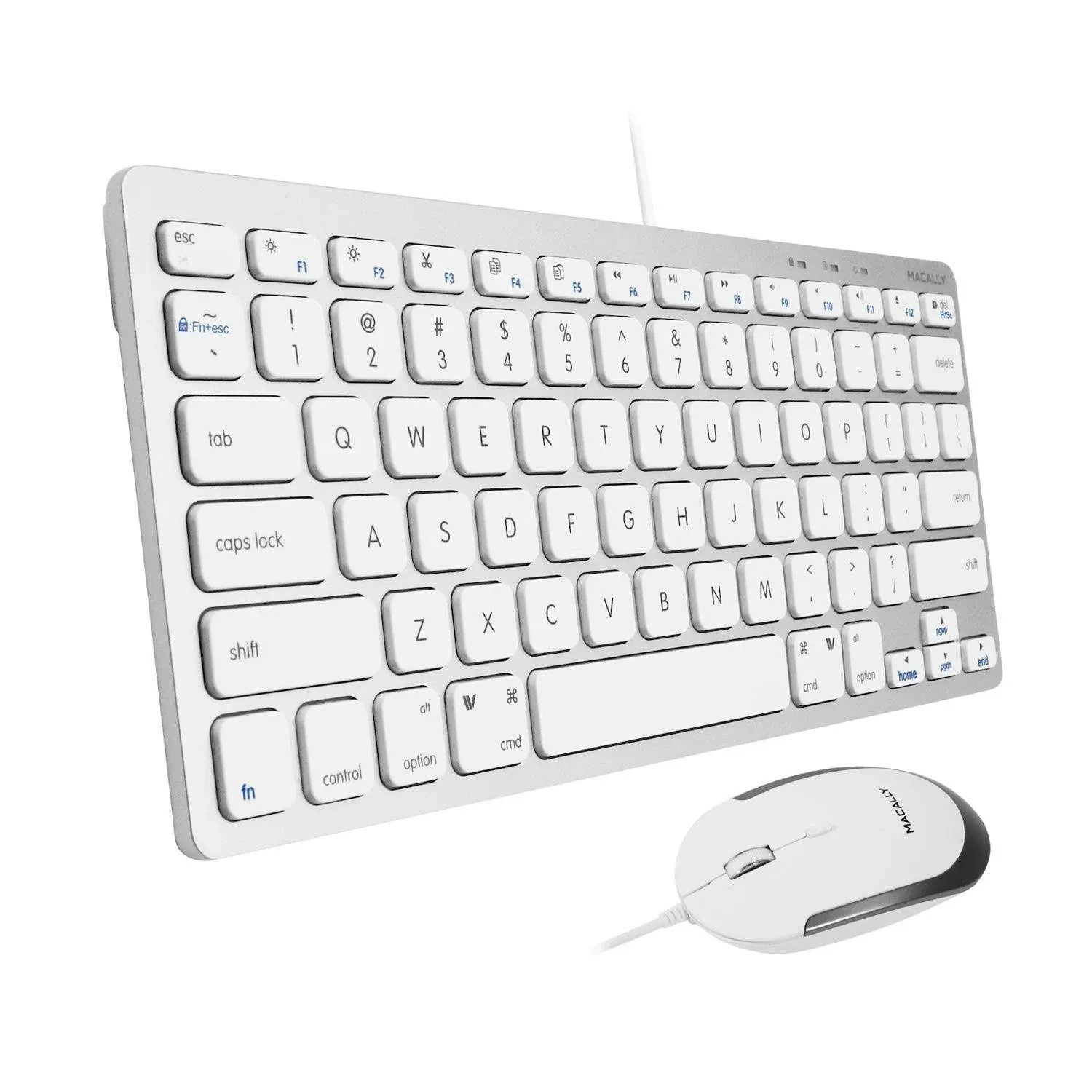 Macally USB Wired Keyboard and Mouse Combo for Mac and PC - Save Space and Enhance Workflow - Aluminum Compact Keyboard with 78 Slim Keys and Quiet Click Mouse - Sleek USB Keyboard and Mouse Wired