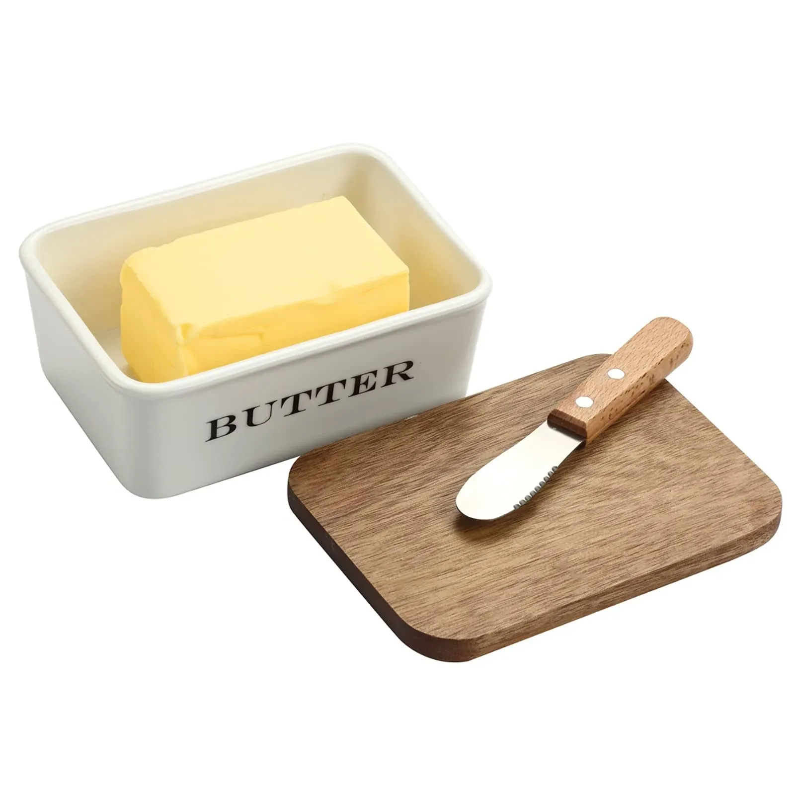 everous Butter Dish - Beautiful Farmhouse Kitchen Decor Butter Container With Wooden Lid and Knife(White)