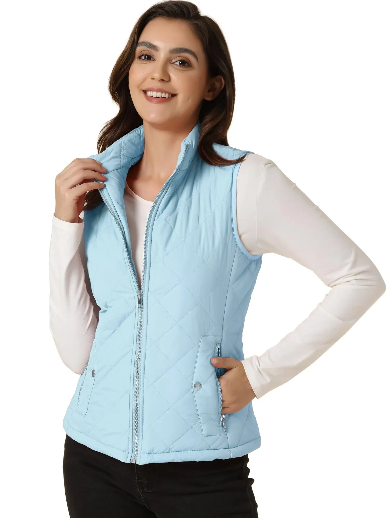 Allegra K Zip Stand Collar Slant Pockets Quilted Padded Vest, Baby Blue / S