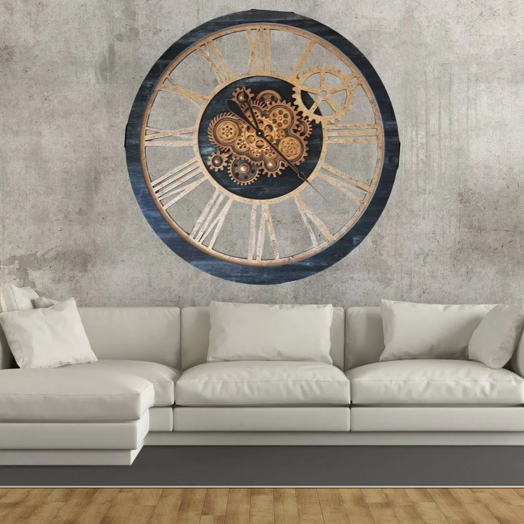 The Gears Clock 36'' Inch Real Moving Gear Wall Clock Vintage Industrial Oversized Rustic Farmhouse (Vintage Black Wood and Bronze)