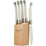 Laguiole By FlyingColors Steak Knife Set, Micro Serrated Blade, Stainless Steel, Wood Block, White Color Handle, 6 Pieces