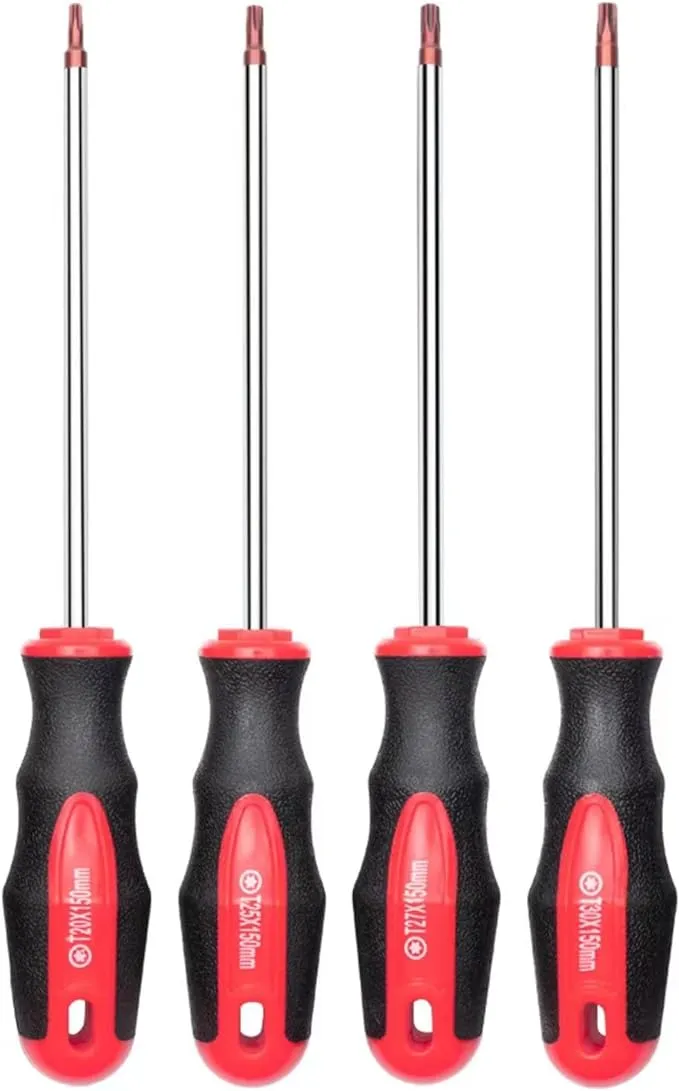 ROTATION 4PCS Magnetic Tip Torx Screwdriver Set, 4 Torx Star Screwdrivers, T20, T25, T27, T30, Red Tip | Red, Gloss, S2 Steel