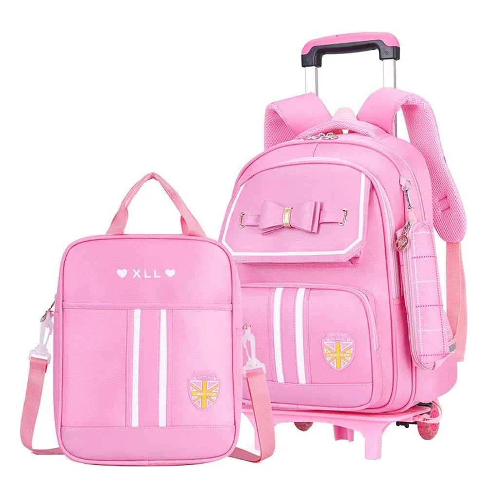 MITOWERMI Rolling Backpack for Girls Cute Trolley Bags Primary School Bookbags with Wheels Kids Carry-On Wheeled Backpack with Lunch Bag