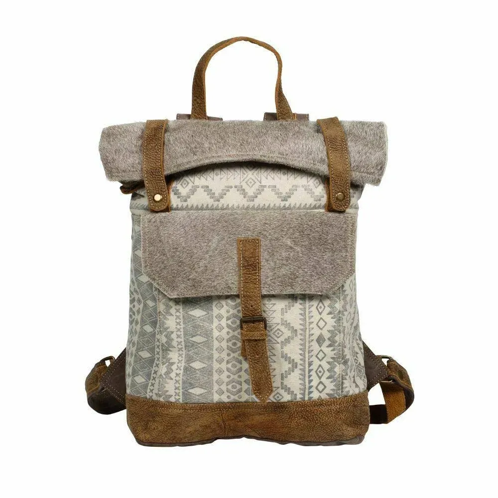 Myra Bag Classy Leather & Upcycled Canvas Backpack S-1237, 13.5" W x 19" H x 4.5" D, Ivory, Brown