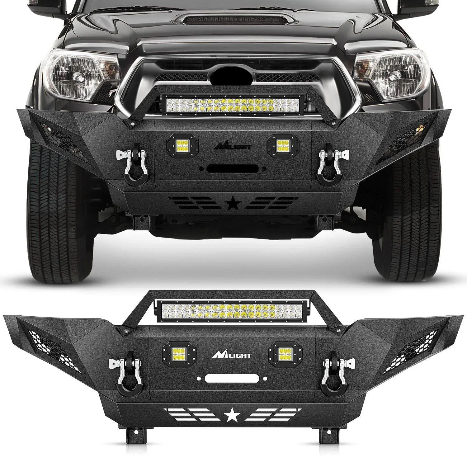 Nilight Front Bumper Full Width Solid Steel fit for 2005 2006 2007 2008 2009 2010 2011 2012 2013 2014 2015 Toyota Tacoma Pickup Truck Winch Plate Offroad 120W Light Bar 18w Pods