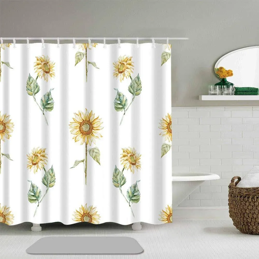 Abili Shower Curtain Hand Painted Sunflower Background Bathroom Accessories Waterproof Polyester Fabric 72 x 72 Inches Set with Hooks