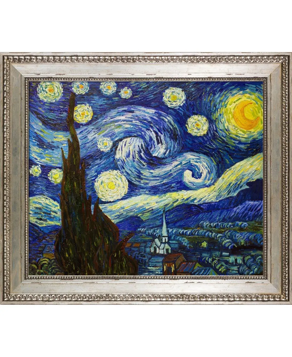 La Pastiche overstockArt Starry Night by Vincent Van Gogh Hand Painted Oil on Canvas with Versailles Silver King Frame, 30" x 26", Multi-Color