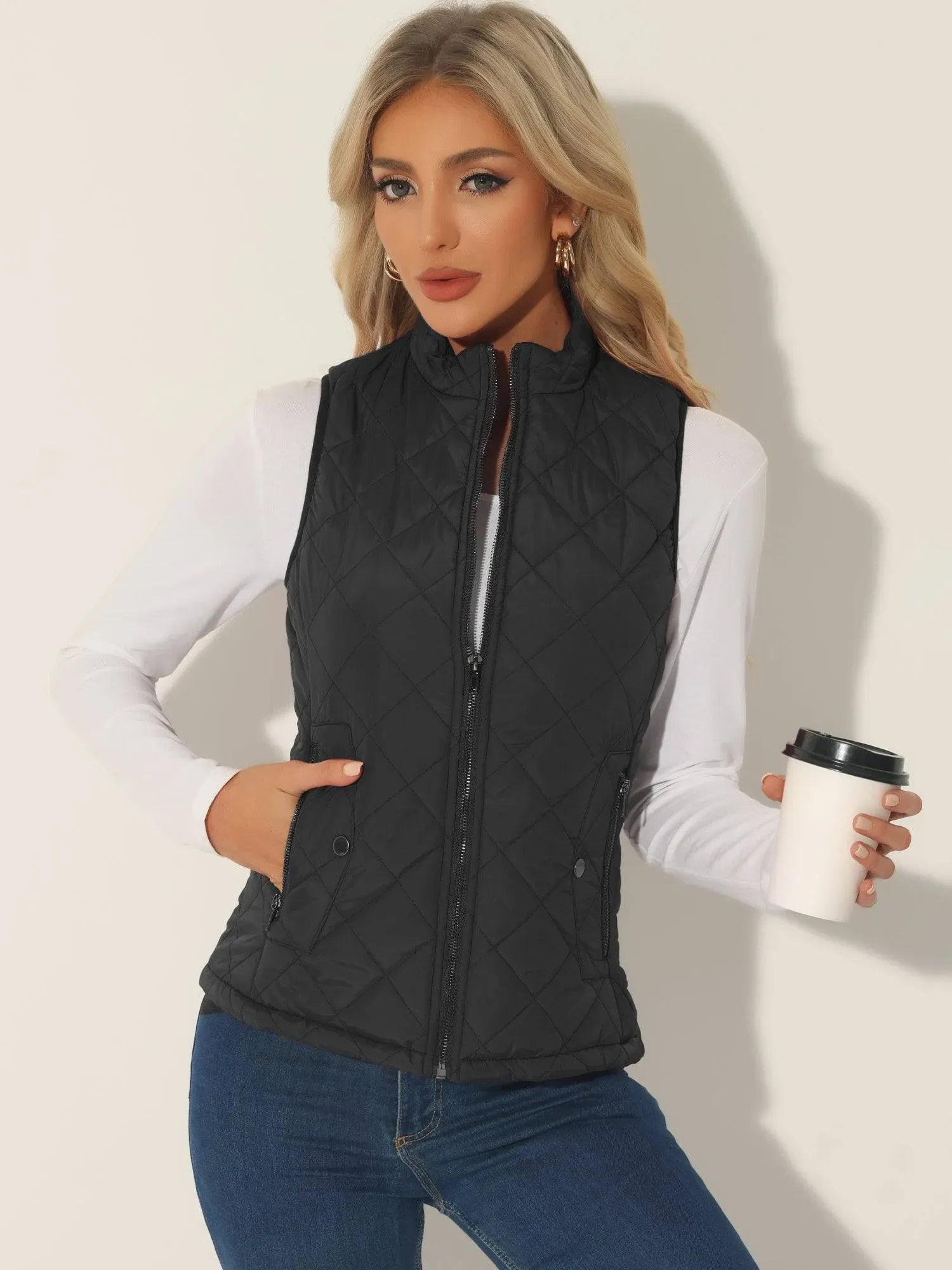 Allegra K Zip Stand Collar Slant Pockets Quilted Padded Vest, Black / XL