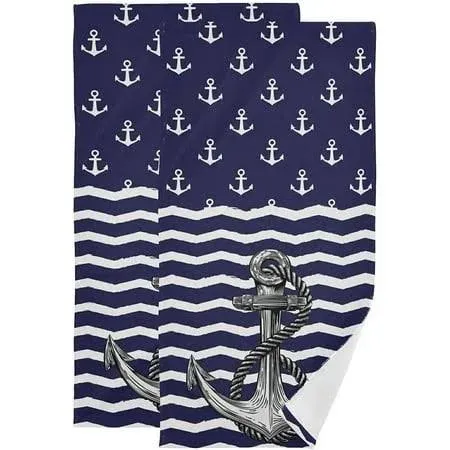 Gzhjmy Anchor Bath Hand Towel 2 Pcs Absorbent Nautical White Stripe Hand Towels Sea Anchors Navy Blue Face Towel Soft Breathable Anchor Fingertip Towel for