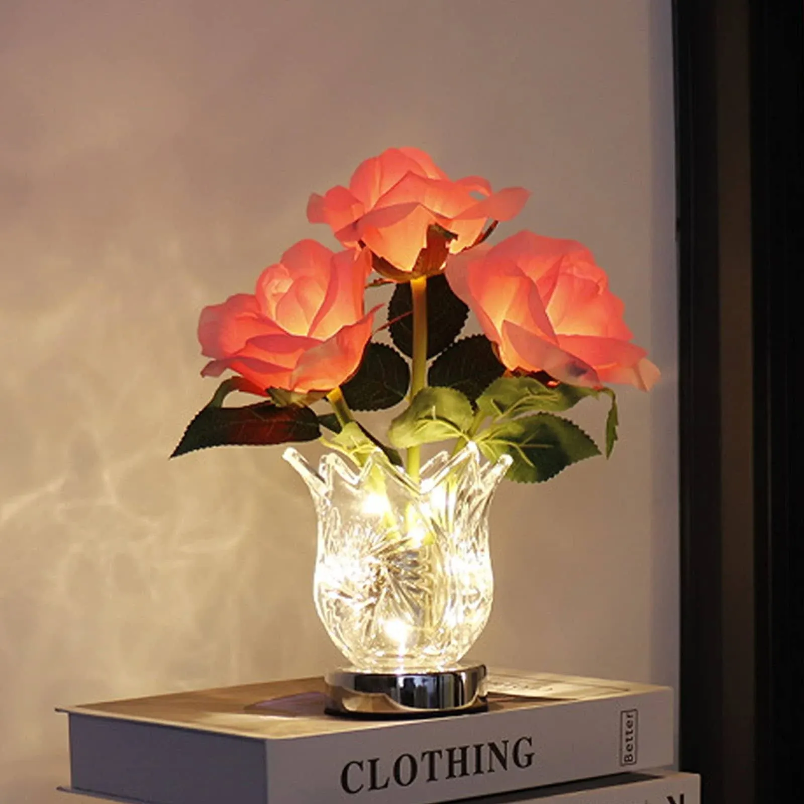 Rose Flower Table Lamp LED Artificial Flowers Touch Lamp with Crystal Clear G...