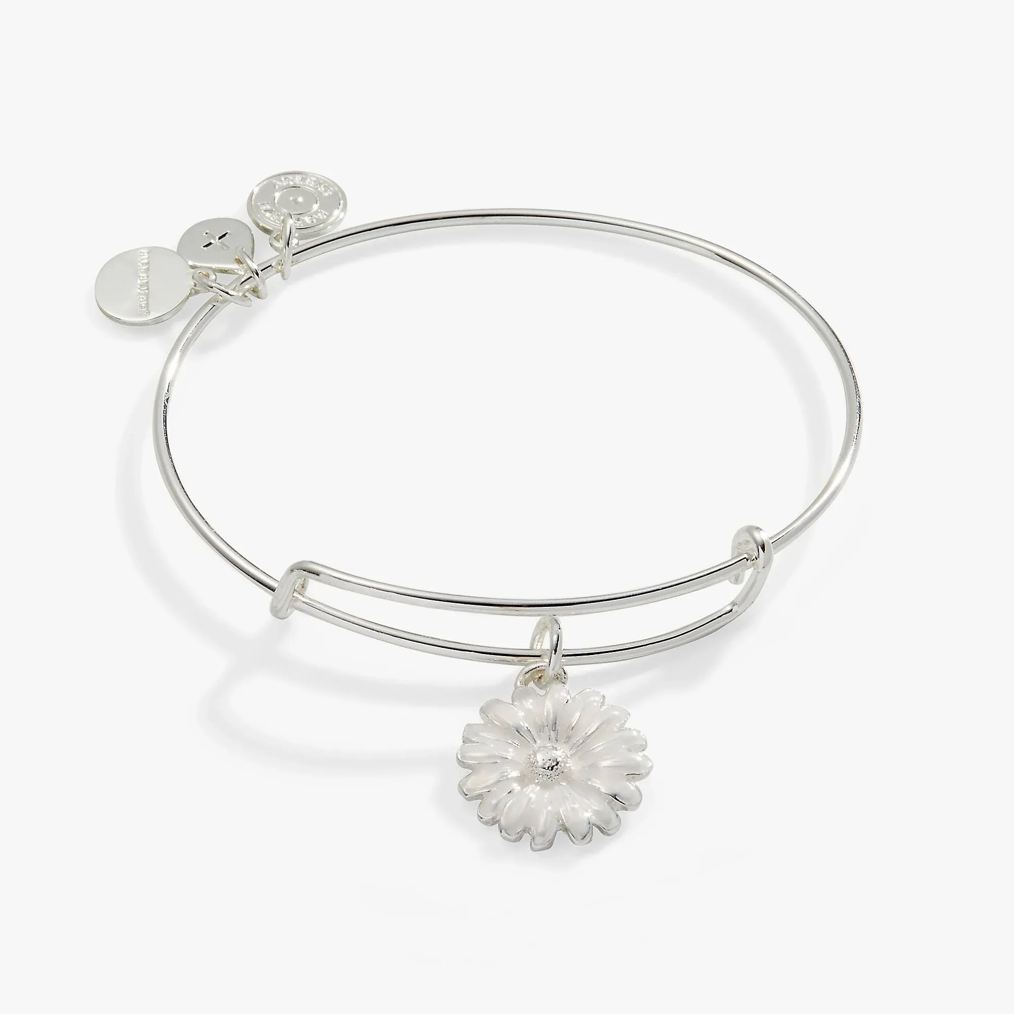 Alex and Ani White Daisy Charm Bangle Bracelet in Shiny Silver