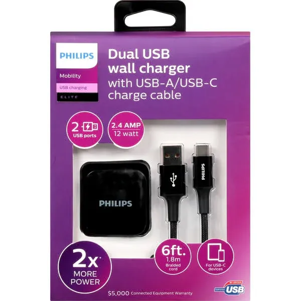 Philips Wall Charger Charging Kit, 2 Port, 12W, USB-A to USB-C, 6ft Braided, for iPhone 12/11/Pro/Max/XS/XR/X/8, iPad Pro, Samsung Galaxy S21/S10/S9/Plus, Google Pixel 5/C/3/2/XL, Black, DLP6212C/37