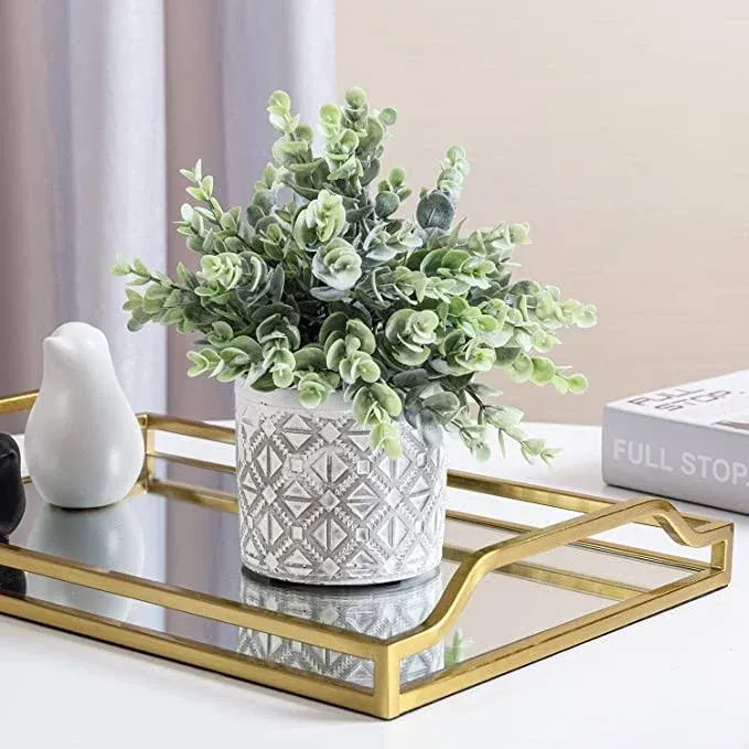 Geometric Embossed Concrete Planter - Artificial Potted Eucalyptus Boxwood Plant