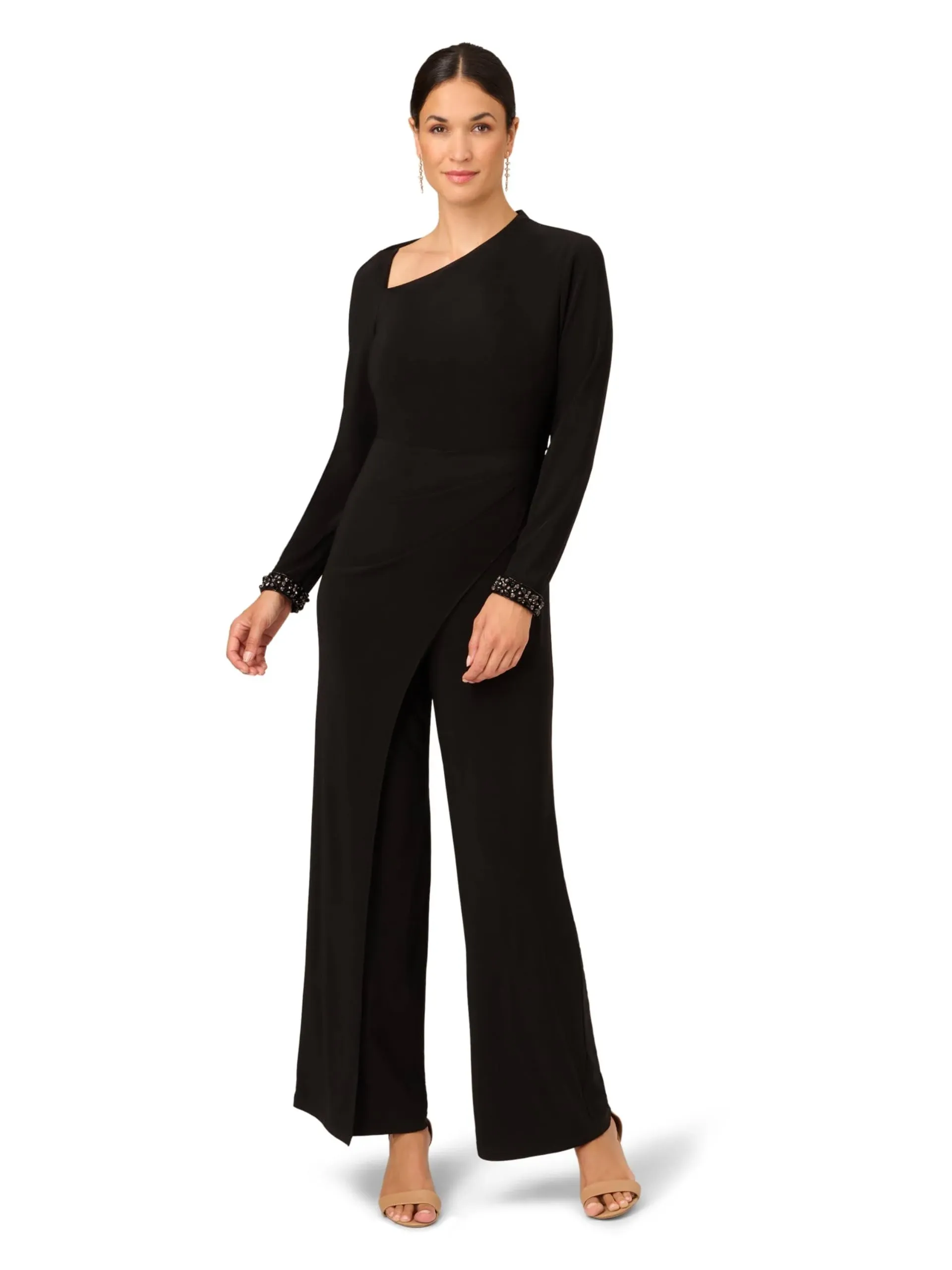 Adrianna Papell Embellished Jersey Jumpsuit with Asymmetric Neck, Black, Size: 14