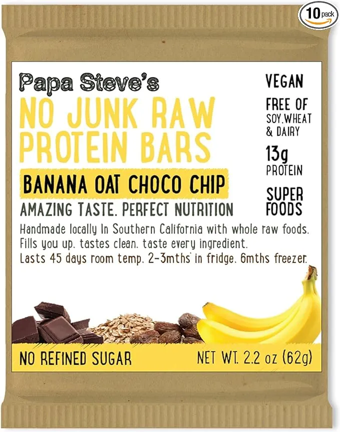 Papa Steve’s No Junk Raw Protein Bars, Banana Oat Dark Chocolate, 2.2 Oz, 10 Count