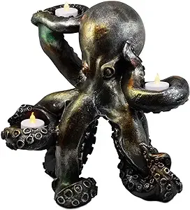 Ebros Rustic Antiqued Silver Bronze Finish Deep Ocean Octopus Candle Holder Statue 12.5" H Kraken Sea Monster Candleholder Decorative Sculpture Made of Resin