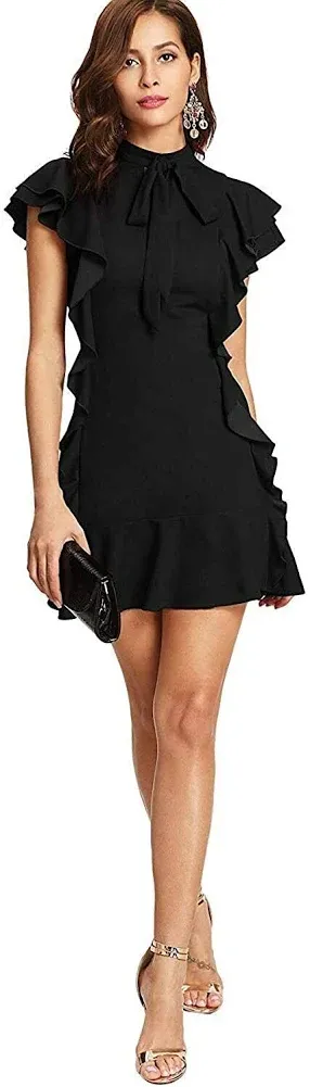 Floerns Women's Tie Neck Short Sleeve Ruffle Hem Cocktail Party Dress