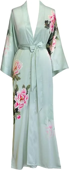 Women's Charmeuse Kimono Robe Long - Watercolor Floral - Peony & Bird - Celedon