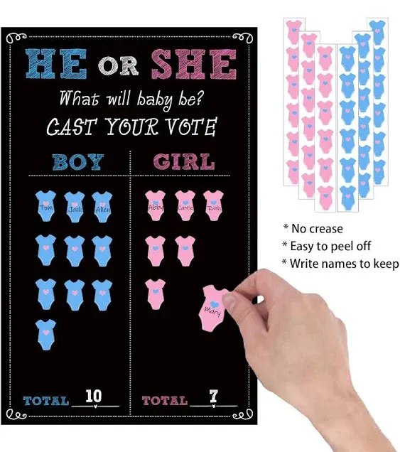 Baby Gender Reveal Party Supplies Kit,Photo Props Games Decorations,Boy or Girl,Includes 3 Game Posters (11x17),3 Signs (8x10),1 Erasable Marker,48 Blue and Pink Voting Stickers