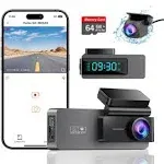 ARIFAYZ Caméra embarquée avant et arrière 4K + 1080p, carte 64 Go gratuite, Wi-Fi intégré, caméra de tableau de bord pour voiture, double caméra de tableau de bord pour voiture avec vision nocturne,