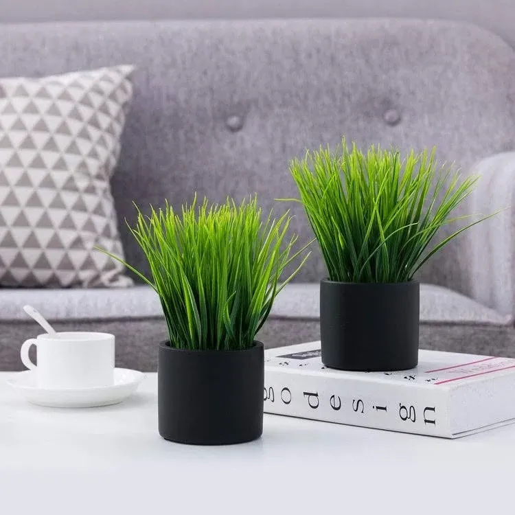 MyGift Set of 2 Tabletop Artificial Green Grass Plant Decor in Black Cement Pots