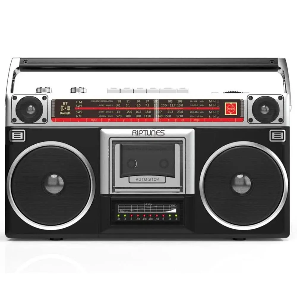 Riptunes Boombox Radio Cassette Player Recorder, AM/FM -SW1/SW2 Radio, Wireless Streaming, USB/Micro SD Slots, Aux in, Headphone Jack, Classic 80s Style Retro, Black