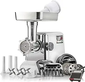 Turboforce 3000 Series 6-In-1 Powerful Size #12 Electric Meat Grinder with Foot Pedal • Sausage Stuffer • Kubbe Maker • Patty Press • 2 Meat Claws • 3 S/S Blades • 5 Grinding Plates