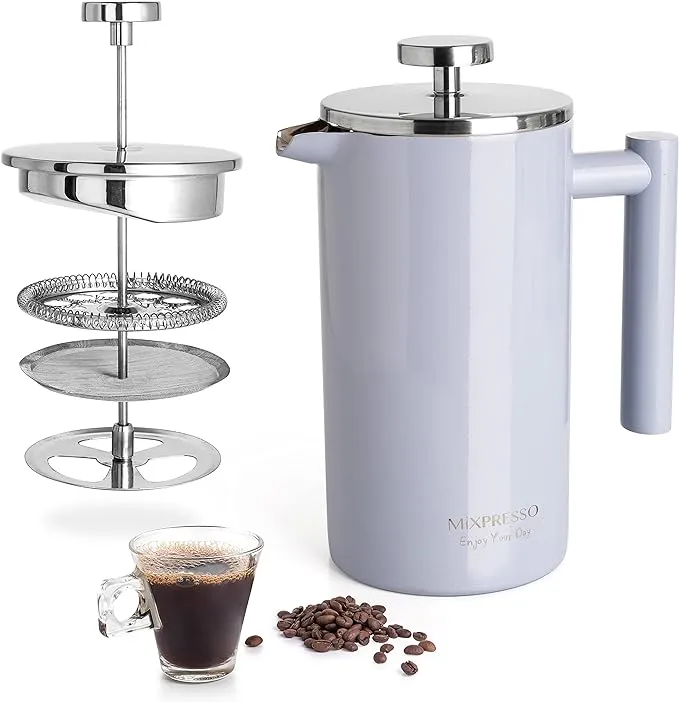 Mixpresso Stainless Steel French Press Coffee Maker 27Oz 800Ml Double Wall Metal Insulation Coffee Press & Tea Brewer Easy Clean & Easy Press, Strong Quality Coffee Press Light Blue Small French Press