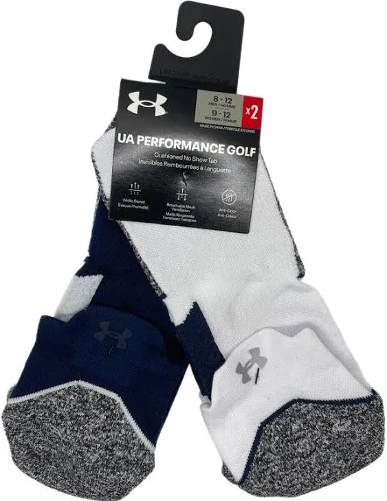 2 Pack Under Armour UA Performance Golf NO SHOW Tab Socks WHITE/NAVY Mens LARGE