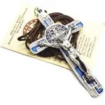 St Benedict Necklace Crucifix Cross 3&quot; Made in Italy St Benedict Boxed Keyring Kit Blue