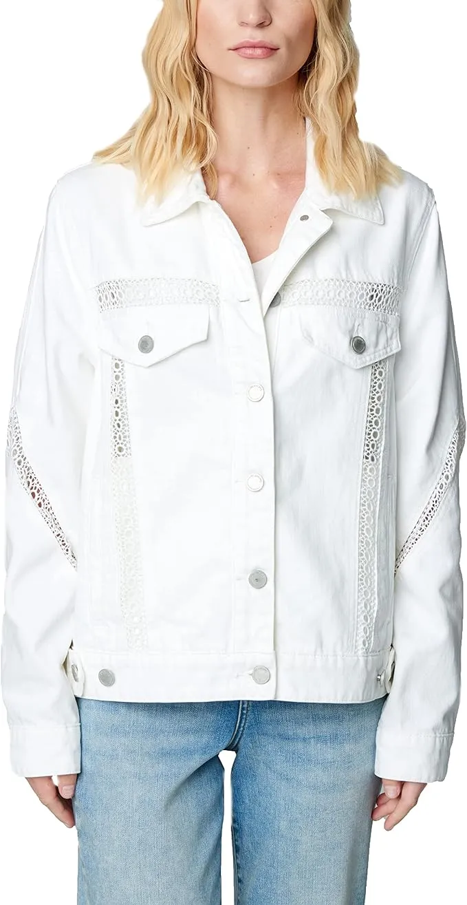 Blank Nyc Oversized White Denim Trucker Jacket with Crochet Trim in : MD