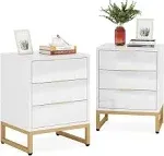 Tribesigns 3 Drawers Nightstand Set of 2, Modern White Gold Bedside End Table Set of 2 with Metal Frame for Bedroom Living Room