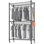 Heavy Duty Garment Rack on Wheels, Portable Clothes Racks for hanging clothes, Simple Sturdy Wardrobe Rack with Double Hanging Bar, 2 Hanger Hooks - Hold Up to 400Lbs (Black, 2Rod 2Hook)