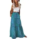 Happy Sailed Womens Floral Print Boho Maxi Skirt Elastic High Waist Pleated Ruffle Flowy Long Skirts S-XL