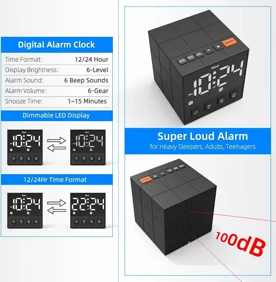 Loud Alarm Clock Bluetooth Speaker with Crystal-Clear Sound, Rich Bass, Dimmable LED Display, Small Bedside Digital Clock for Bedroom | Super Loud Alarm Clock for Heavy Sleepers, Adults, Teens - Black