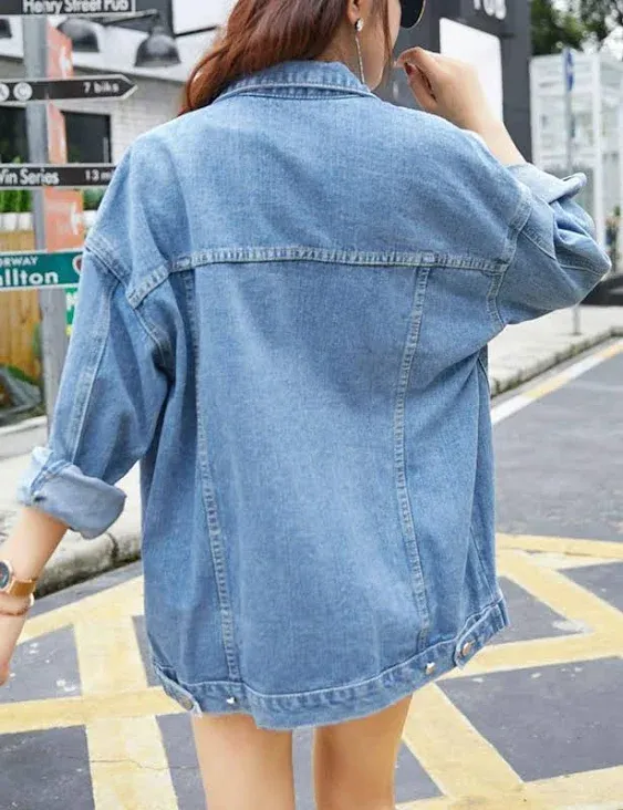 Omoone Women's Oversized Mid Long Denim Jacket Jean Biker Coat