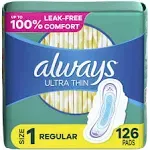 Always Ultra Thin Daytime Pads with Wings, Size 1, Regular, Unscented, 42 Count x 3 (126 Count Total)