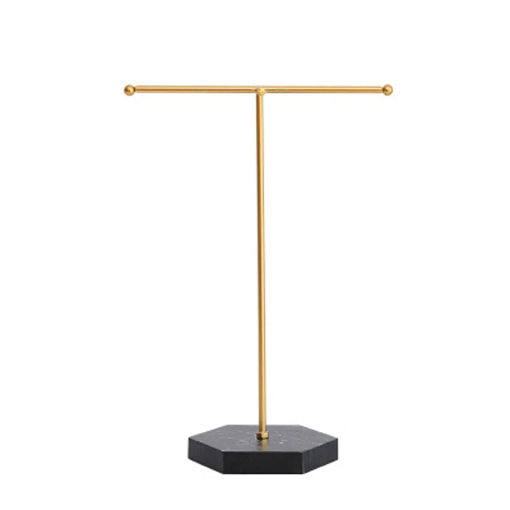 Jewelry Stand Display Necklace Holder T-Bar Plated Metal Tabletop Jewelry Organizer Tower for Show Jewelry Hanging Pendant Earring Bracelet Ring Accessorie with White Marble Plywood Bases.