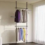 DYN Ptah Floor to Ceiling Clothing Rack, 2 Tier Adjustable Heavy Duty Garment Rack for Hanging Clothes, Metal Clothes Racks Closet with Tension Rod Free Standing, Black