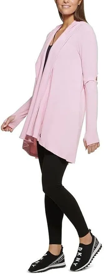 DKNY Sport NWT M Pink Long Knit Sweater Cardigan Elbow Cutout Hoodie $99 #2009C