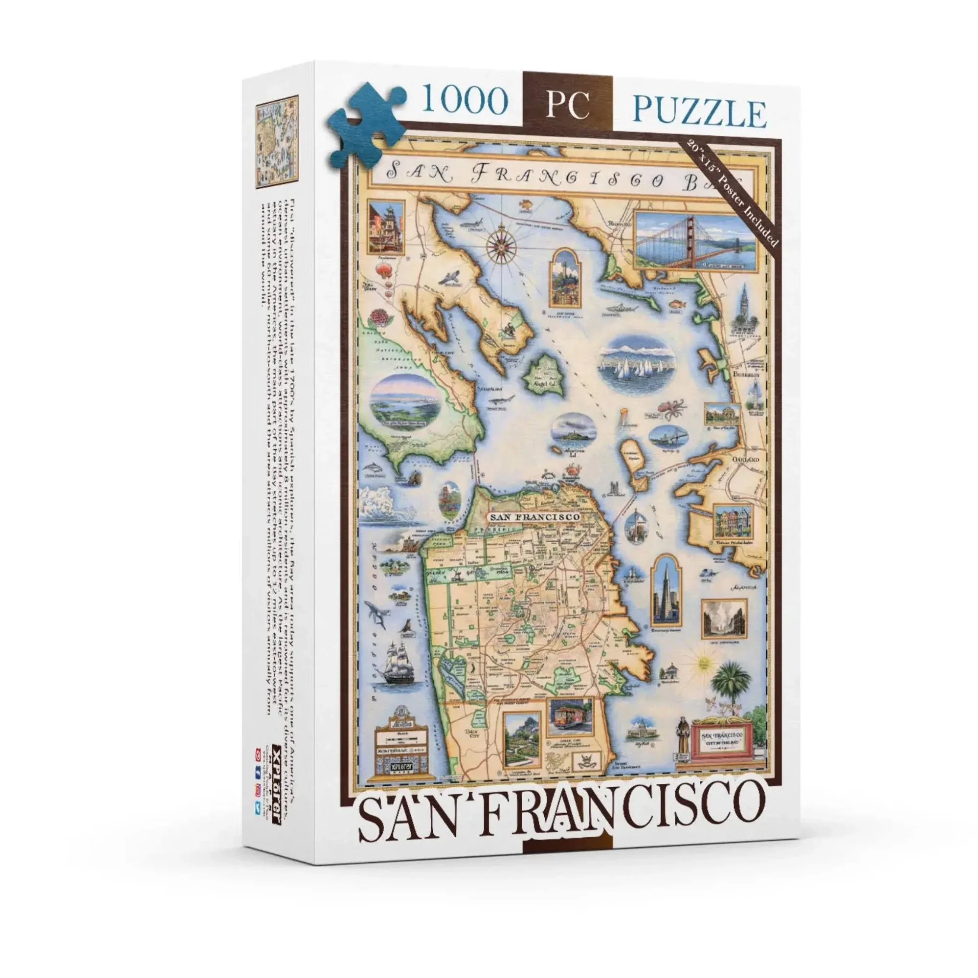 San Francisco Bay Map Cardboard Jigsaw Puzzle - 1000 Pieces, Hand-Illustrated - Educational, Family Activity, Ages 7+, Includes Poster - 25.4 x 19.8