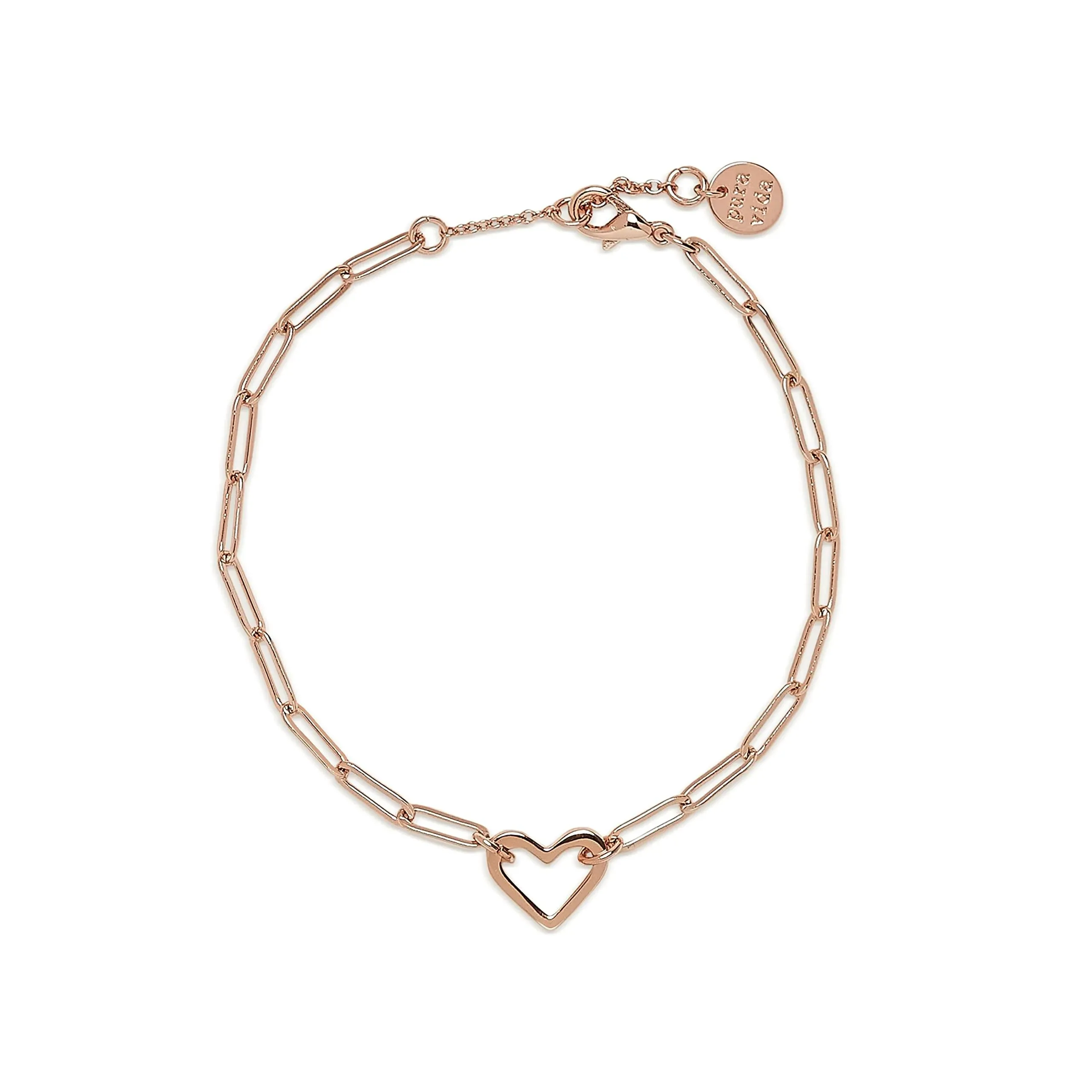 Pura Vida 6.75" Rose Gold or Silver Plated Open Heart Paperclip Bracelet - Brass Base, Adjustable Chain - 1" Extender