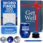 Amabeen Get Well Soon Gift Basket for Men w/Insulated Tumbler, Funny Card, Puzzle Book, Sudoku, Massager - Hospital Care Package for Recovery & After Surgery