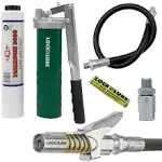 LockNLube Spin-On Lever Grease Gun Kit. Includes: 1 Tube Grease, The Grease Coupler Plus a Heavy-Duty 20" Grease Hose and in-line Hose Swivel