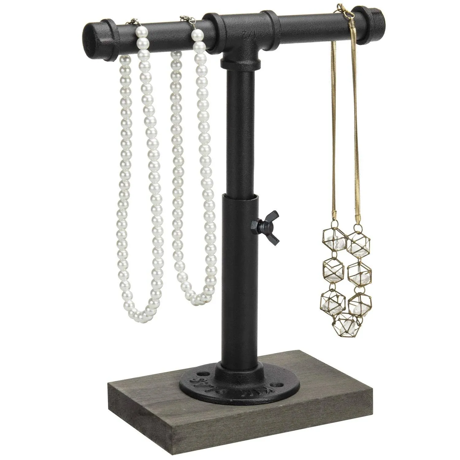 MyGift Industrial Pipe T Bar Adjustable Height Jewelry Stand with Gray Wood Base